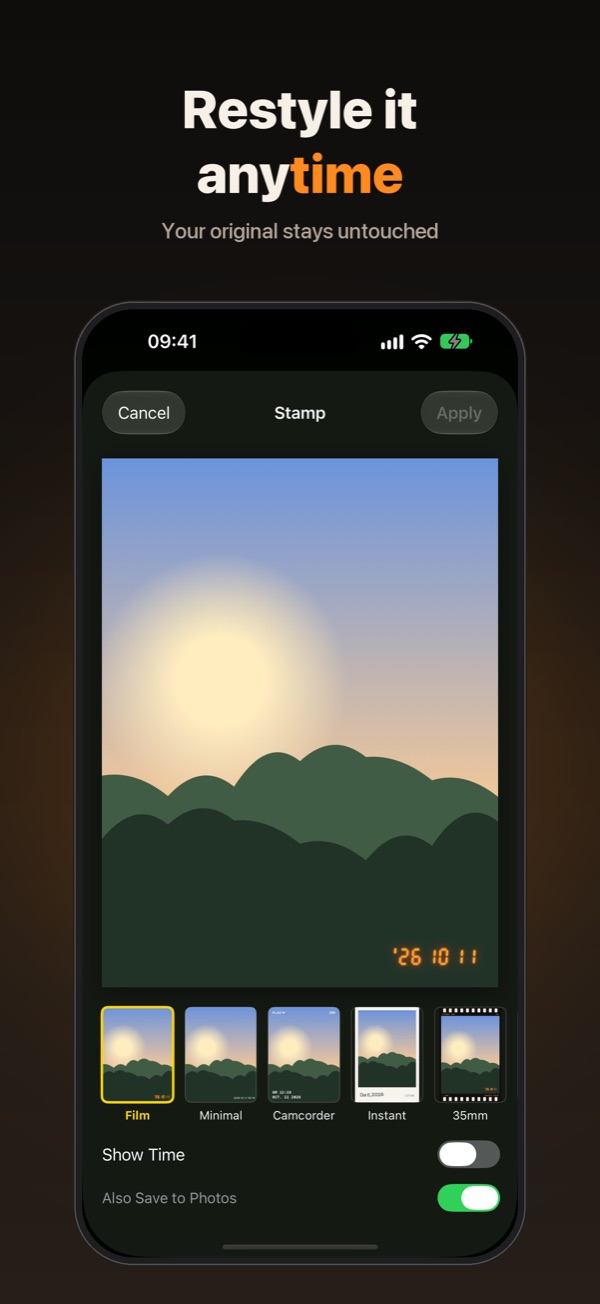 Stamp editor for changing the style and time display of a photo