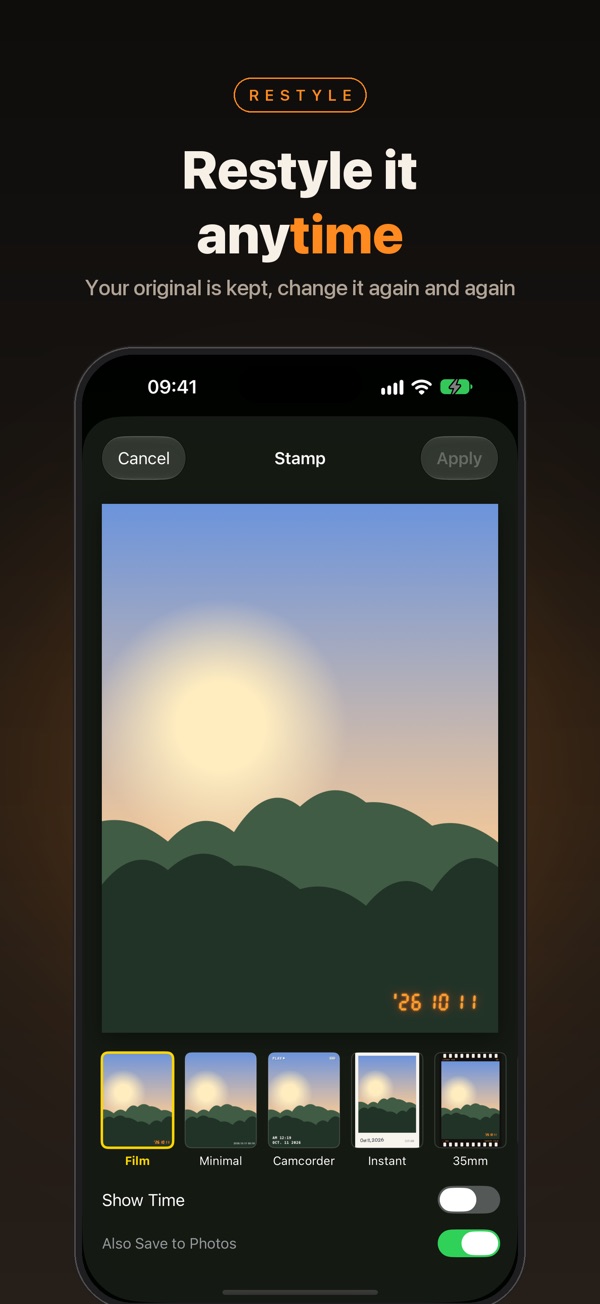 Stamp editor for changing the style and time display of a photo