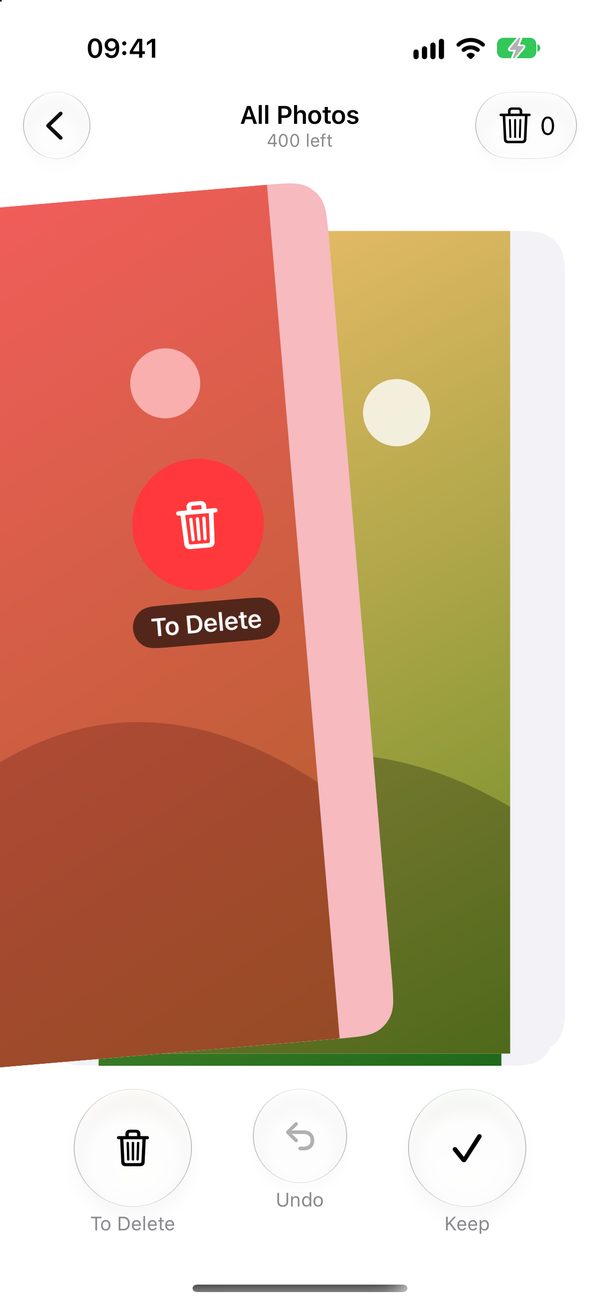 Swipe deck: a card being swiped left with a red trash circle and the label To Delete