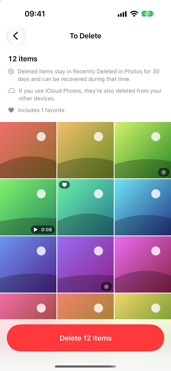 Review screen: grid of 12 photos marked for deletion, a 30-day recovery note and a red Delete 12 Items button