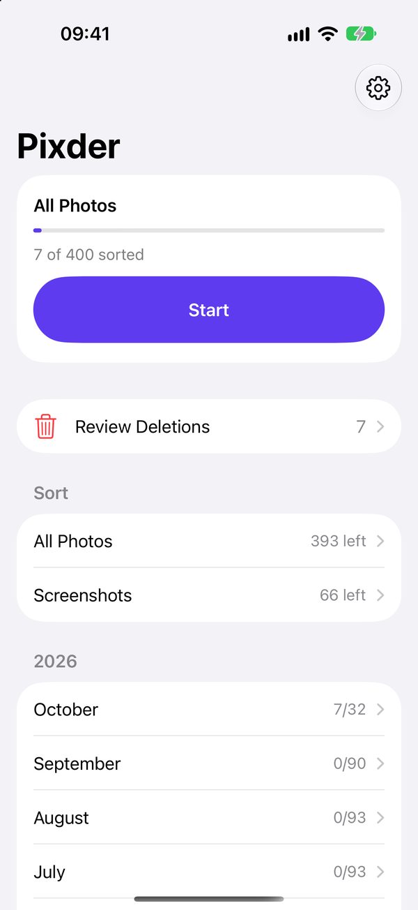 Home screen: All Photos progress, Review Deletions, and a list of All Photos, Screenshots and months