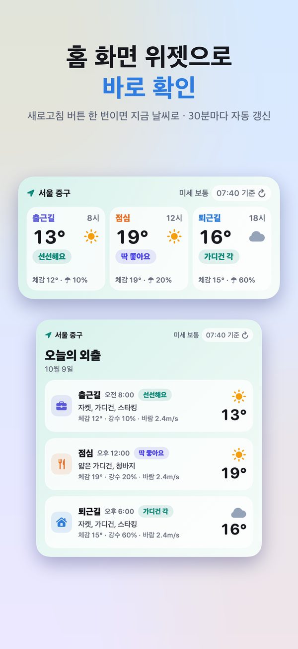 홈 화면 위젯 중형·대형: 출근길 13°, 점심 19°, 퇴근길 16°와 새로고침 버튼